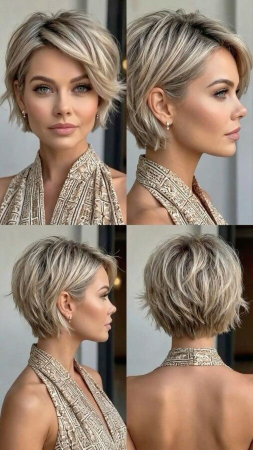 "Coupe courte dégradée effilée élégante"